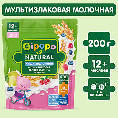 Каша ГИПОПО 200гр сух Мультизлак. молочная Яблоко/малина/черника 1/8